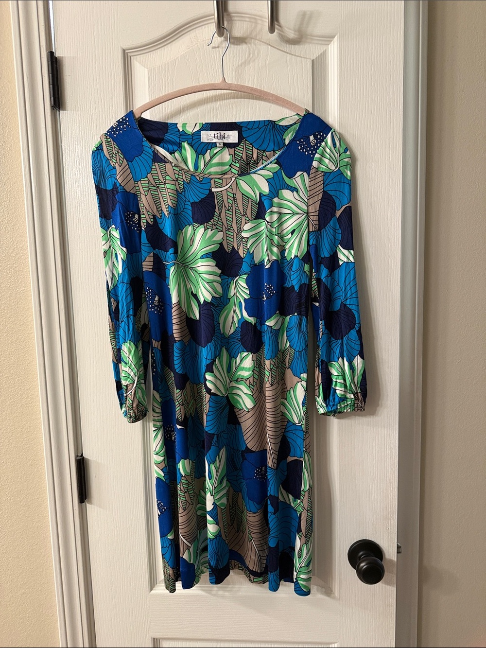 Tibi Blue Floral Long Sleeve V-Neck Dress